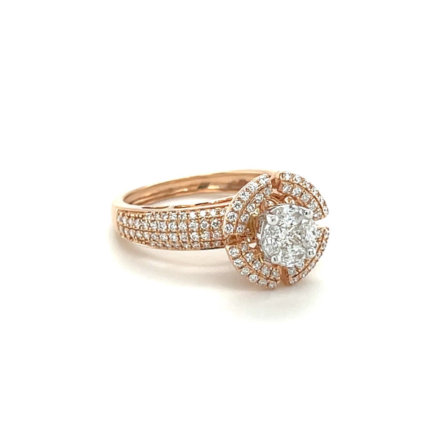 Round Brilliant Cut Diamond Halo Ring with Diamond-Encrusted Band in Rose Gold